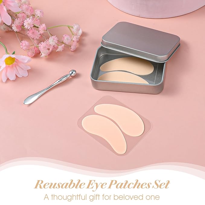 Lusofie 2Pairs Reusable Under Eye Patches Silicone Eye Patches Wrinkle Patches with Metal Applicator for Plump Fine Lines & Wrinkles, Tin Case (Cream Color)