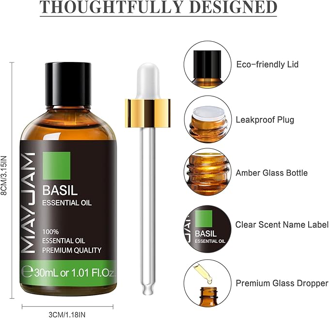 Basil Essential Oil 30ML, Pure Essential Oils for Massage, Diffusers, Basil Oil for Soap Candle Making (1.01FL.OZ Bottle)