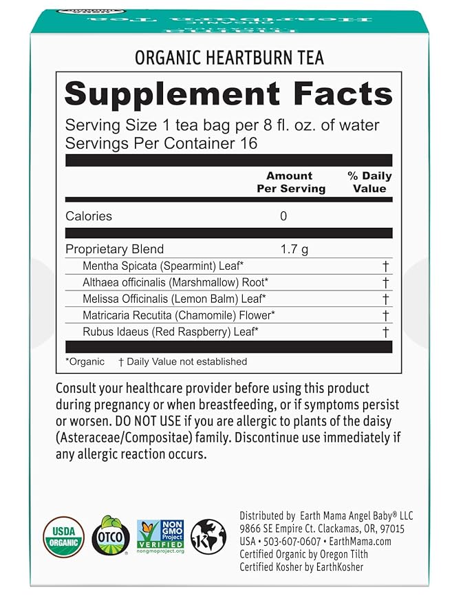 Earth Mama Organic Heartburn Tea | Pregnancy-Safe Soothing Herbal Blend with Marshmallow Root, Lemon Balm & Chamomile, 16 Teabags Per Box (2-Pack)