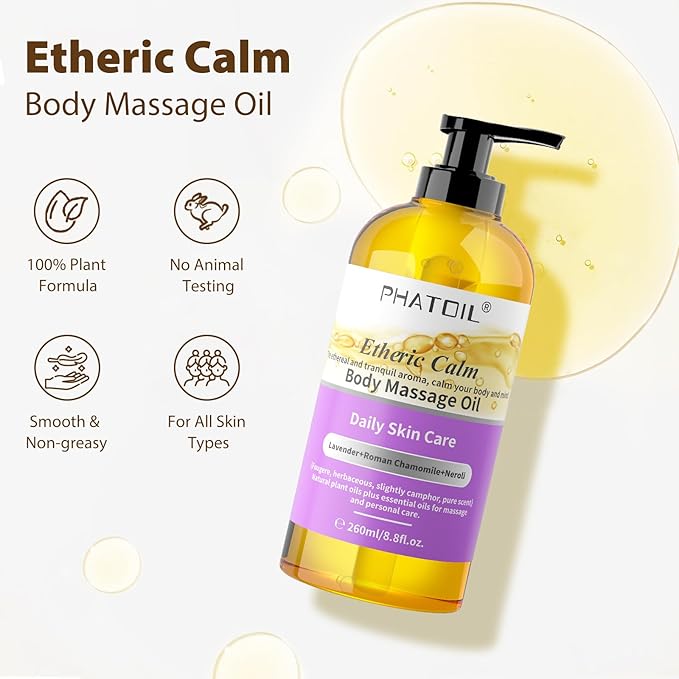Etheric Calm Body Massage Oil 260 ml (8.8 fl.oz), Blends of Natural Plant Oils and Essential Oils for Massage and Skin Care, Body Oils for Women and Men