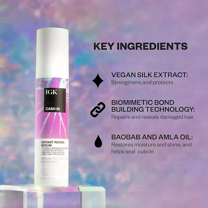 IGK Cash In Instant Repair Hair Serum | Reduce Breakage + Increase Strength | Silicone-Free | 1.7 oz (Pack of 2)