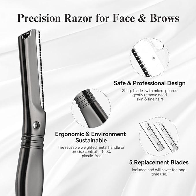 Dermaplane Razor for Women Face with 6 Refill Blades, Dermaplaning Tool Face Razors for Removes Facial Hair, Peach Fuzz, Reusable Metal Handle Eyebrow Razor (Black)