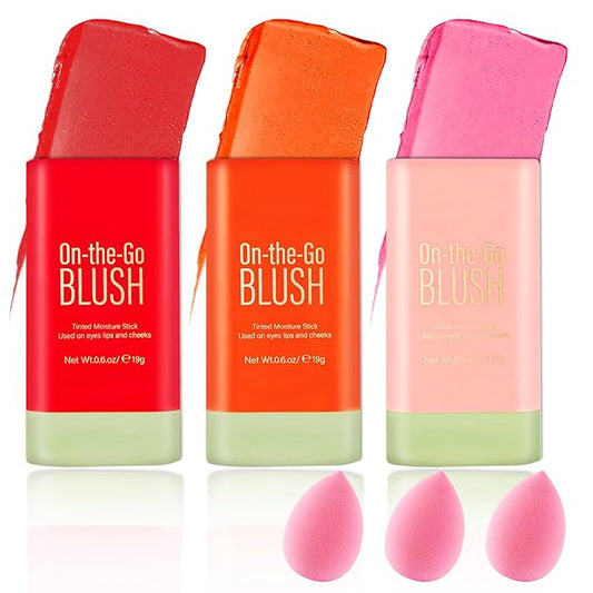 Cream Blush Sticks for Cheeks Gift Set with Makeup Sponges,Lightweight Solid Makeup Blush Stick,Waterproof Cheek Blusher Moisturizer Sticks,Multi-Use Face Stick Kit for Lips,Cheeks and Eyes
