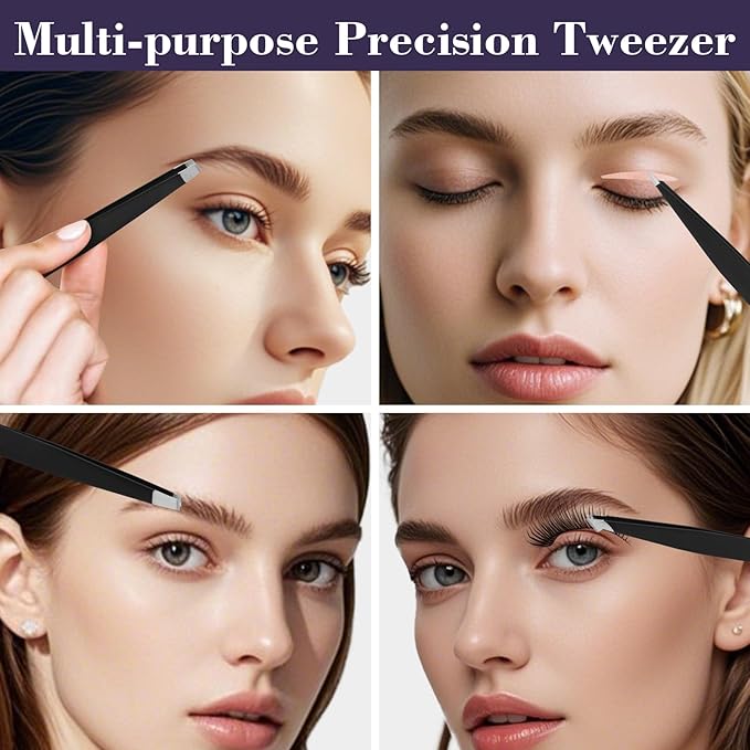 9PCS Tweezers Set for Facial Hair, Precision Tweezer for Eyebrows with Curved Scissor and Eyebrow Razor for Ingrown Hair as Stocking Stuffers Gifts for Women/men