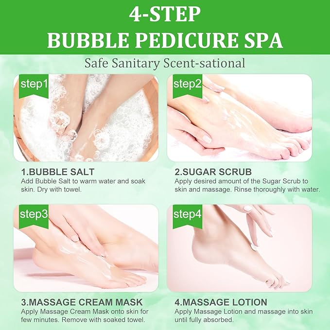 Pedicure Kit Foot Soak Set: Bubble Salt, Sugar Scrub, Massage Mask, Massage Lotion in a Box, 4 Step Foot Spa Kit for Dry Feet, Calluses and Tired Feet(1 Set Peppermint)