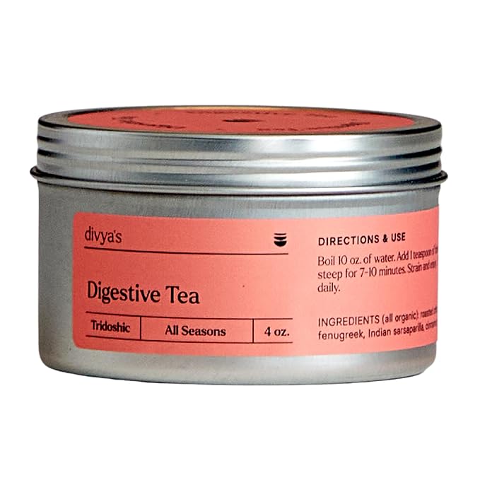 Divya's Digestive Tea, Ayurvedic Herbal Tea for Digestive Support and to Ease Bloating and Constipation, Caffeine Free, Organic, Non-GMO, Ayurvedic, Loose Leaf