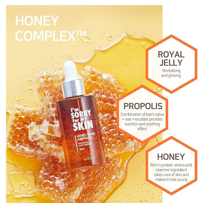 I'M SORRY FOR MY SKIN Facial Skin Ampoule, Korean Skin Care Serum for Face with Propolis, Adenosine and Niacinamide, Anti-Wrinkle & Nourishing Effect (Honey Beam Ampoule)