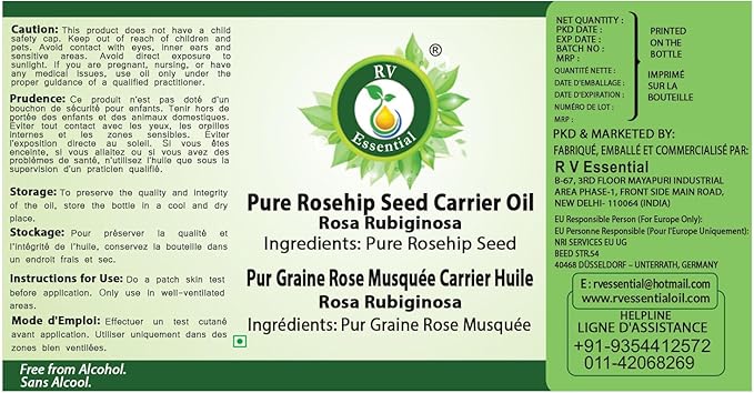 R V Essential Pure Rosehip Seed Carrier Oil 100ml (3.38oz)- Rosa Rubiginosa (100% Pure and Natural Cold Pressed)