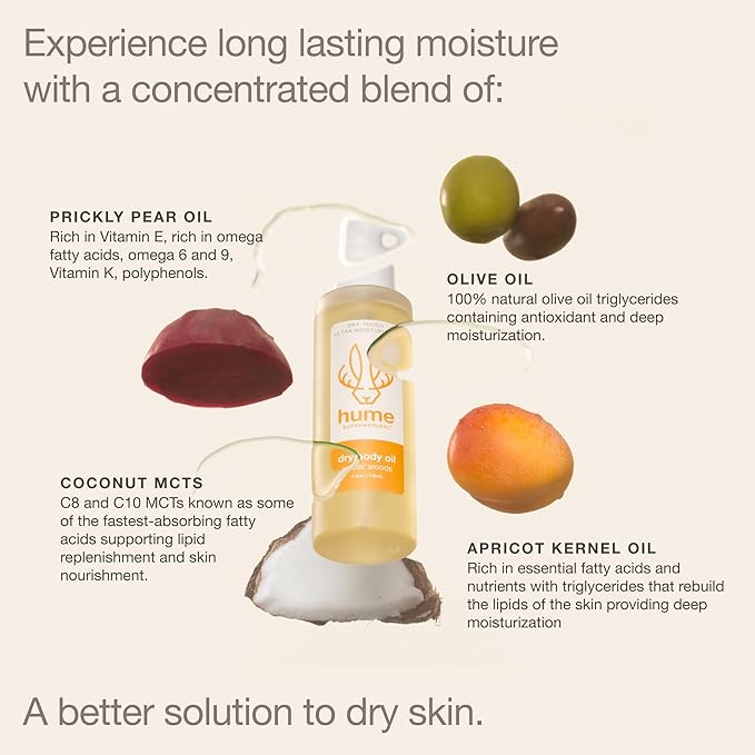 HUME SUPERNATURAL Dry Body Oil Spray - Ultra Hydrating Oil for Dry Skin, Light and Nourishing Body Oils for Women and Men, Long-Lasting Moisture (Amber Woods 1-Pack)