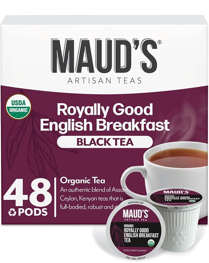 Maud's Organic English Breakfast Tea Pods, 48 ct, Recyclable Single Serve Tea Pods – 100% Gourmet Blended Tea Leaves, Compatible with Keurig K Cups Maker