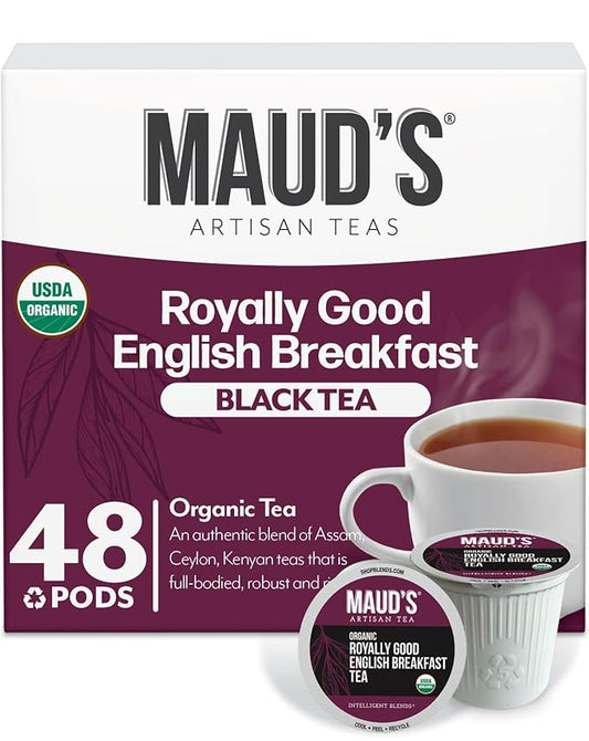 Maud's Organic English Breakfast Tea Pods, 48 ct, Recyclable Single Serve Tea Pods – 100% Gourmet Blended Tea Leaves, Compatible with Keurig K Cups Maker
