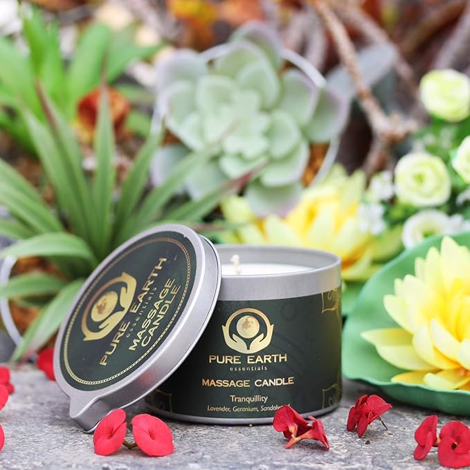 Tranquility Massage Candle - Valentines Gift, Skin Moisturizing Massage Oil Candles for Couples Date Night (160 Grams or 6 oz.) with Lavender, Geranium, Sandalwood - by PURE EARTH essentials