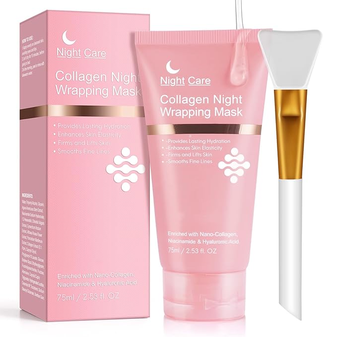Collagen Overnight Wrapping Peel Off Facial Mask, Collagen Night Wrapping Mask, Collagen Deep Hydrating Anti Wrinkle Lifting Mask for All Skin Types,Firming&Elasticity Sleeping Mask (Brush Included)