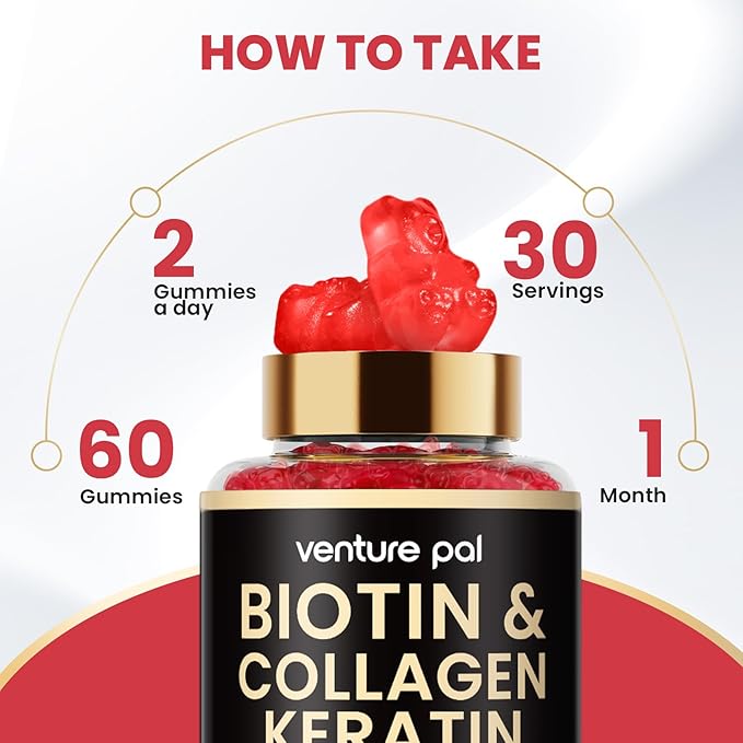 Venture Pal Biotin Gummies with Collagen & Keratin - Hair Growth Support Skin and Nail Strength Vitamins for Women & Men - Biotin 10000mcg | B-Complex | Saw Palmetto - Sugar Free, Non-GMO, 60ct