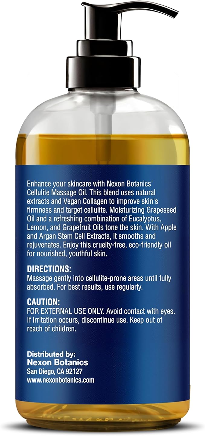 Anti-Cellulite Massage Oil for Massage Therapy 8 fl oz - Vegan Collagen Oil for Thighs, Butt, and Legs - Reduces Cellulite for Women and Men - Nexon Botanics