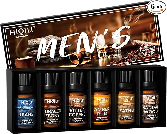 HIQILI Fragrance Essential Oil for Men 6x10ml Candle Scents for Candle Making Scented Oils Set for Aromatherapy Diffuser DIY Christmas