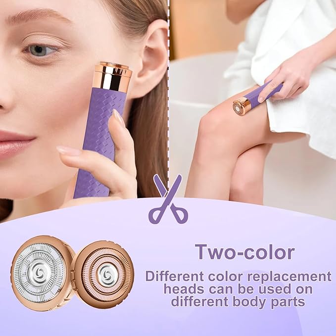 Facial Hair Removal for Women, Painless Rechargeable Hair Removal Device, Comes with 2 Replacement Heads, Portable Electric Shaver/Razor for Face, Chin, Upper Lip, arms and Peach Fuzz (Purple)