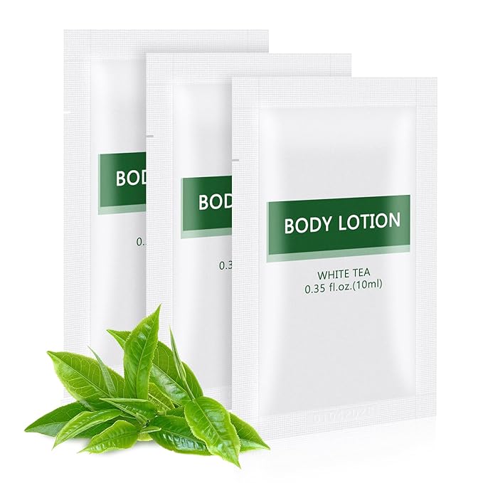200 pack Travel Size Body Lotion Bulk Individually Wrapped - Refreshing Mini Lotion Single Use Supplies for Homeless Care Hotel Guests, White Tea Scent,0.35 fl oz/10ml