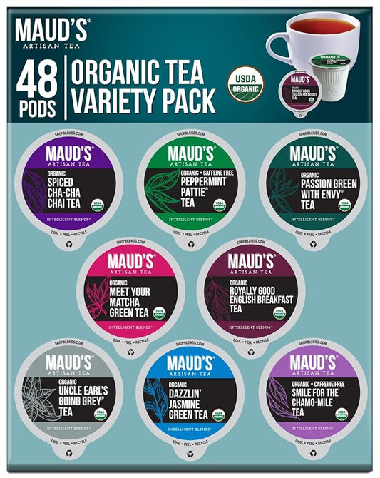 Maud's 9 Blend Organic Tea Pods Variety Pack, 48 ct, 9 Assorted Flavors, Recyclable Single Serve Pods –100% Gourmet Blended Tea Leaves, Compatible with Keurig K Cups Maker