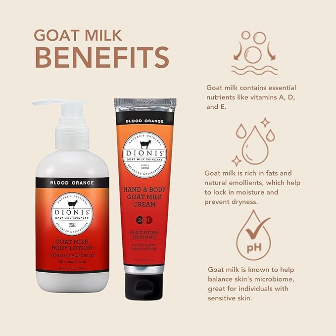 Dionis Goat Milk Skincare Blood Orange 8.5oz Hydrating Body Lotion and 3.3oz Hand & Body Moisturizing Travel Size Cream Scented Bundle, Natural Ingredients, Made in the USA, Cruelty Free, Paraben Free