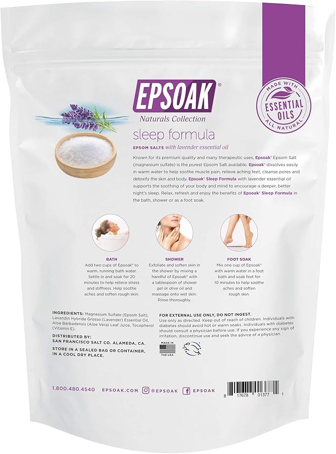 Epsoak Epsom Salt 5 lb. Magnesium Sulfate USP. (Qty. 1 x 5lb. Bag), Lavender Sleep Formula, Resealable Epsom Salt Bag, Made in The USA, Cruelty-Free Certified