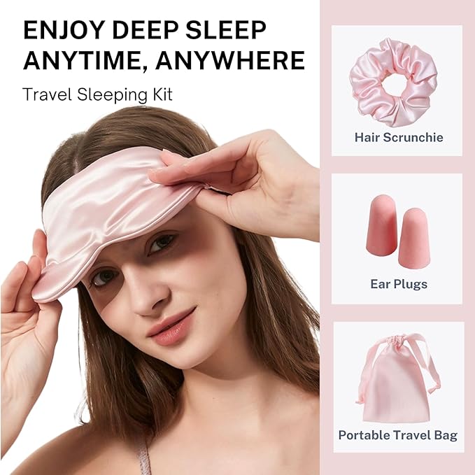 Silk Satin Sleeping Eye Mask, Pink Sleep Eye Mask Night Blindfold for Women and Men, Soft Breathable Blackout Eyeshade Eye Cover for Travel, Wedding Bridesmaid Gift