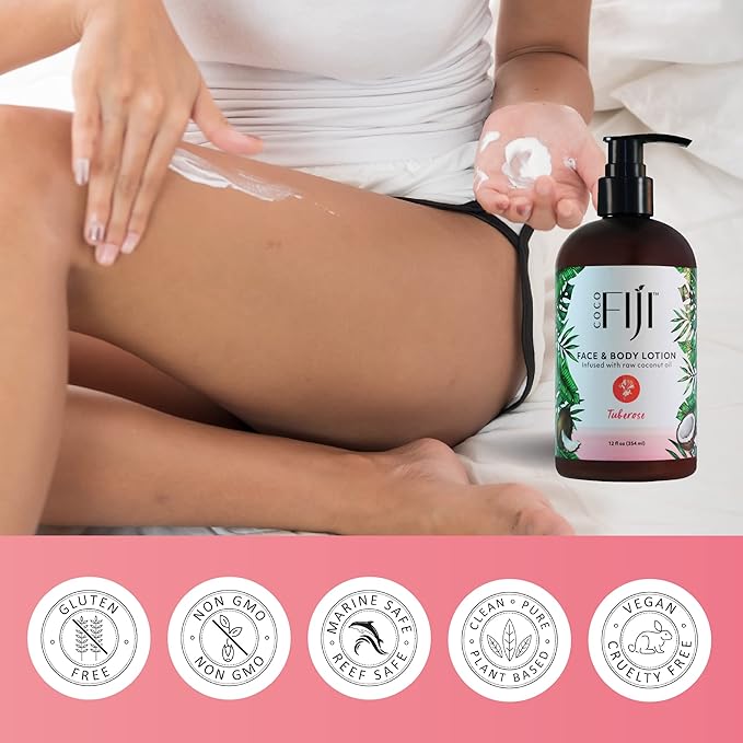 Coco Fiji Face & Body Lotion Infused With Coconut Oil | Lotion for Dry Skin | Moisturizer Face Cream & Massage Lotion for Women & Men |Tuberose 12 ozPack of 3