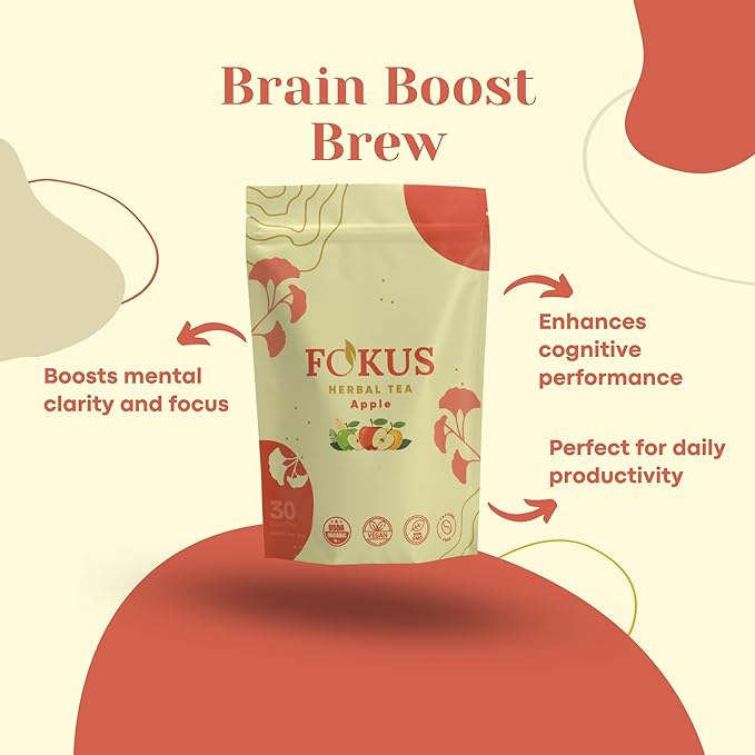 Fokus – Apple Focus & Memory Tea – Organic Brain-Boosting Herbal Blend with Ginkgo Biloba, Gotu Kola, Reishi & Ashwagandha – Crisp Apple Flavor – Caffeine-Free Tea for Mental Clarity, Concentration & Calm Energy – 30 Sachets