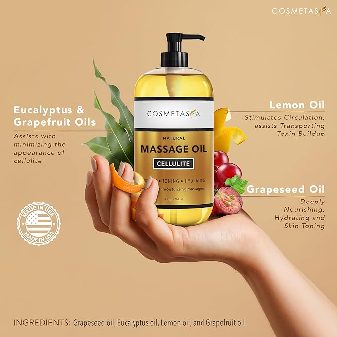 Cellulite Massage Oil, Gel & Mitt - Natural Hot Cream Massage Gel, Oil & Massager - Firm, Tone, Tighten & Moisturize Skin. Soothes Muscles (8.8 oz.)