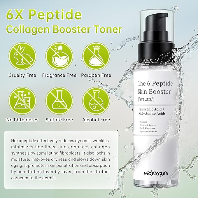 6X Peptide Skin Booster Toner Set, Peptide Boosting Facial Essence for Women, 1 Pcs Repairing Serum with Niacinamide & Hyaluronic Acid, Reduces Fine Lines & Wrinkles, Soothes Skin, Korean Skin Care