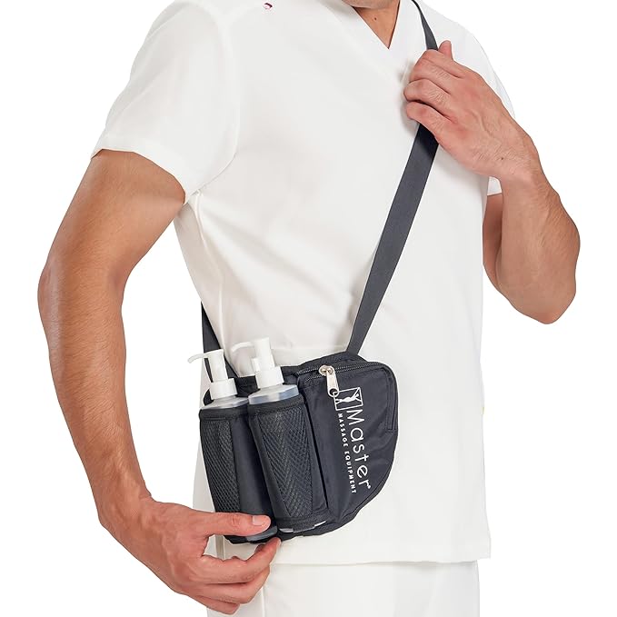 Master Massage Double Bottle Massage Oil Holster - Adjustable Cream & Lotion Bag Kit - Incl. Two 8 Oz Refillable Pump Dispenser