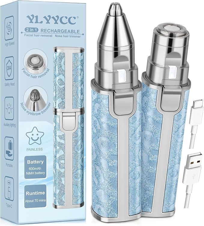 Facial Hair Remover for Face Lip, Electric 2 in 1 Face Shaver and Eyebrow Trimmer, Rechargeable Blue Nose Hair Trimmer for Women with Built-in LED Light
