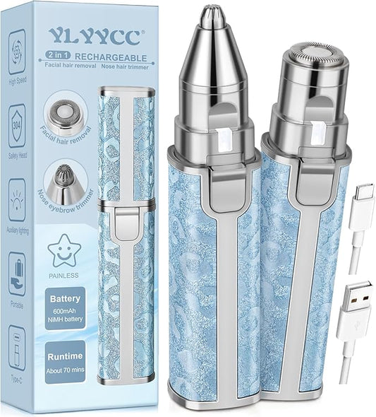 Facial Hair Remover for Face Lip, Electric 2 in 1 Face Shaver and Eyebrow Trimmer, Rechargeable Blue Nose Hair Trimmer for Women with Built-in LED Light