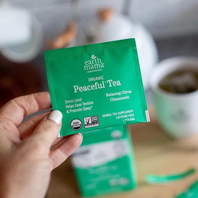 Earth Mama Organic Peaceful™ Tea | Stress Less! Calming, Relaxing Herbal Blend Safe for Pregnancy & Beyond, 16 Teabags Per Box (2-Pack)