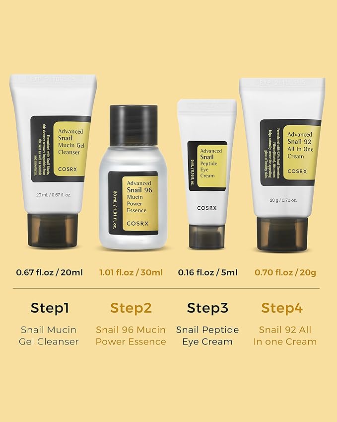 COSRX All About Snail Mucin Korean Skin Care Set, Mini Travel Essentials, Travel Size Gift Set with Snail Mucin Face Wash, Serum, Moisturizer & Eye Cream, Rejuvenating Kit