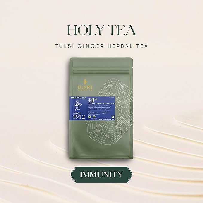 Luxmi Estates - Holy Basil - Organic Tulsi Tea - 50 Tea Bags | With Tulsi and Ginger | Provides Immune Support, Stress Relief and Uplifts Mood