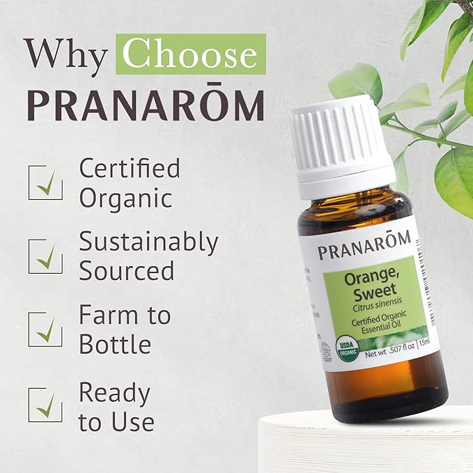 Pranarom USDA Certified Organic Sweet Orange Essential Oil (15ml), 100% Pure Undiluted Therapeutic Grade from Mexico for Aromatherapy, Diffuser, Citrus Scent, Soothing, DIY Cleaning