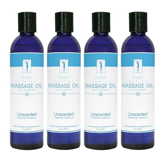 Master Massage Unscented Organic Massage Oil - 8 fl oz, Water-Soluble Blend, Skin-Nourishing Formula, Perfect for Massage Therapy and Home Use, Pack of 4