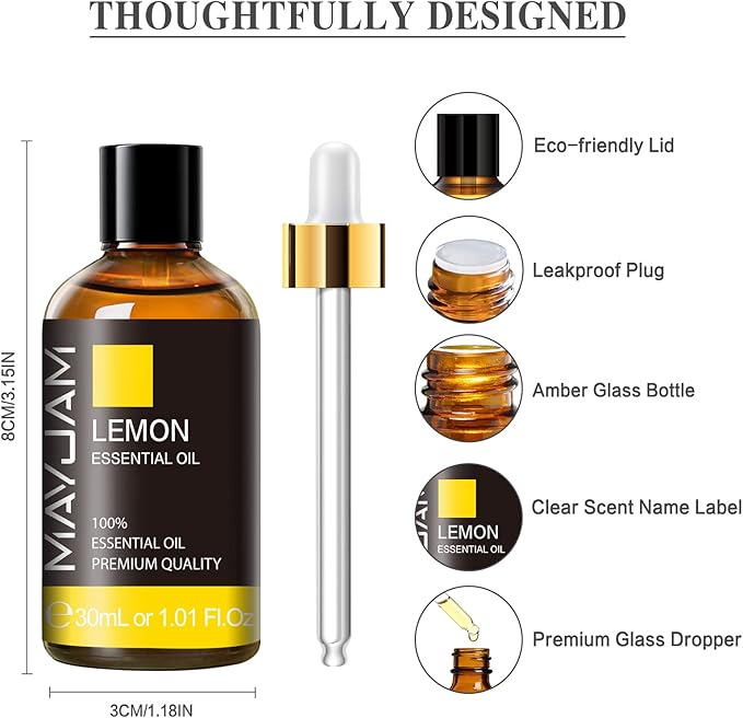 Lemon Essential Oil 30ML/1.01FL.OZ, MAYJAM Premium Lemon Oil Essential Oils with Glass Dropper, Great for Aromatherapy Diffuser and Candle Soap Making