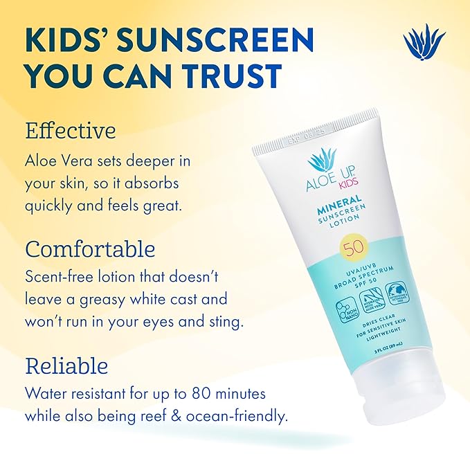 Aloe Up Kids Broad Spectrum Mineral Sunscreen Lotion SPF 50 - Face and Body Sunblock for Sensitive Skin - With Gen2 Zinc Oxide and Aloe Vera - Dries Clear - Reef Safe - Fragrance-Free - 3 Oz