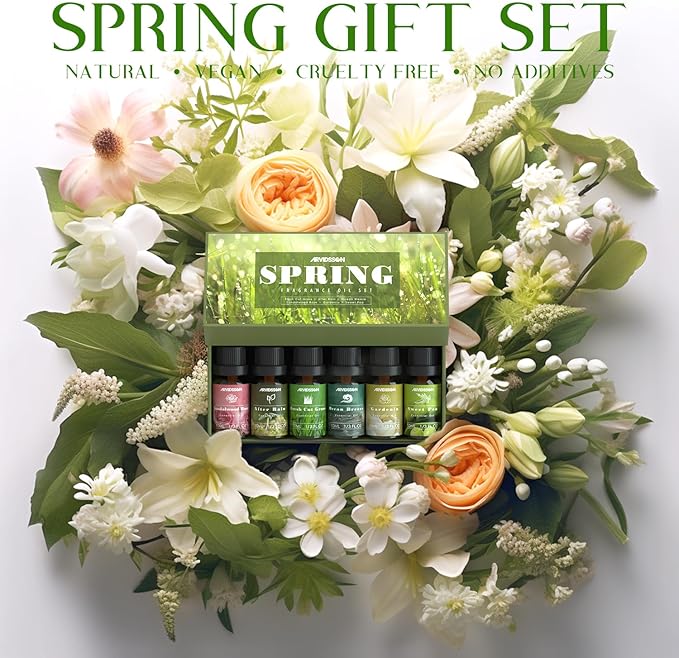 Spring Essential Oils Set, ARVIDSSON Natural Fragrance Oil for Diffuser, Candle Making - After Rain, Ocean Breeze, Fresh Cut Grass, Gardenia, Sweet Pea, Rose Sandalwood, Spring Scented Oil Gift Set