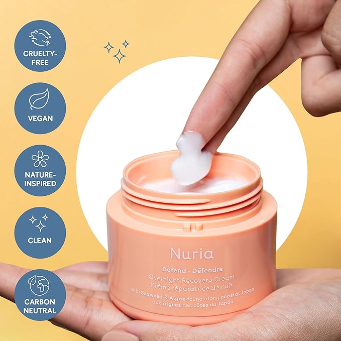 Nuria - Defend Overnight Face Cream, Facial Moisturizer for Nighttime Skin Recovery, Night Cream for Face with Seaweed, Brown Algae, and Aloe Leaf Juice, 50mL/1.7 fl oz