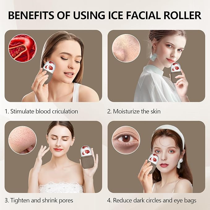 Ice Roller for Face and Eye, Silicone Ice Facial Roller Ice Holder, Face Ice Mold Skin Care, Face Icers Reusable Ice Cube Roller for Shrink Pores Anti Wrinkle Reduce Puffiness, Brown