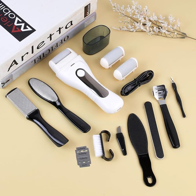 Electric Foot Scrubber File Callus Remover, 17-in-1 Professional Pedicure Kit, Waterproof Cracked Dry Dead Skin Removal for Feet Care, Wider 3 Rollers, 3 Speed, Battery Display