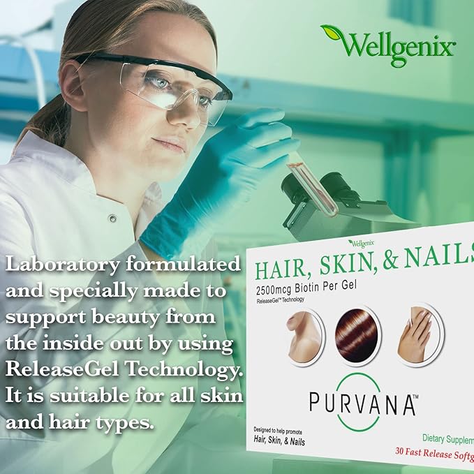 Wellgenix Purvana Hair, Skin, and Nails Vitamin - Softgels for High Absorption - Double Strength 2500mcg Biotin, VIT A & B (30 Count) (Pack of 2)