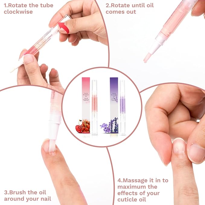 Meschett 2PCS Cuticle Oil Pens for Nail Care,Cuticle Revitalizer Oil Pen with Soft Brush,Cuticle Oil to Prevent Nail Cracking and Dry (Cherry & Lavender Flavor)