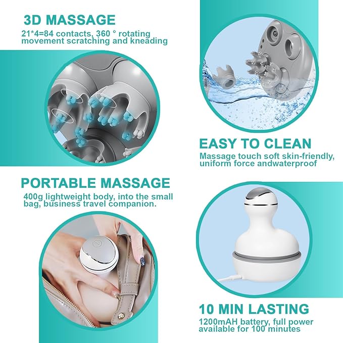 VGU Rechargeable Scalp Massager with Multi-Node Design, Promotes Hair Growth, Relieves Stress, Waterproof, Portable Handheld Head Massager