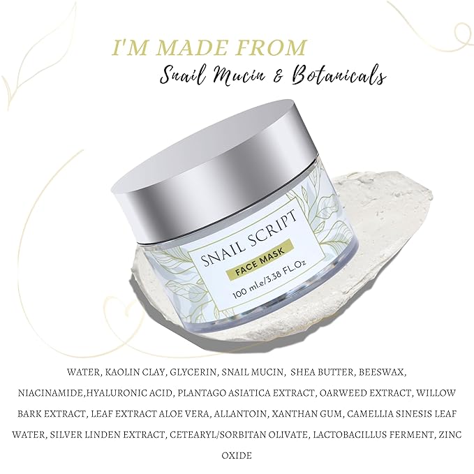 Snail script snail mucin mask, Korean snail face mask mucin snail serum therapy clay based wildcraft botanical anti aging snail mucin face mask, collagen repair, pore cleansing exfoliate clay mask