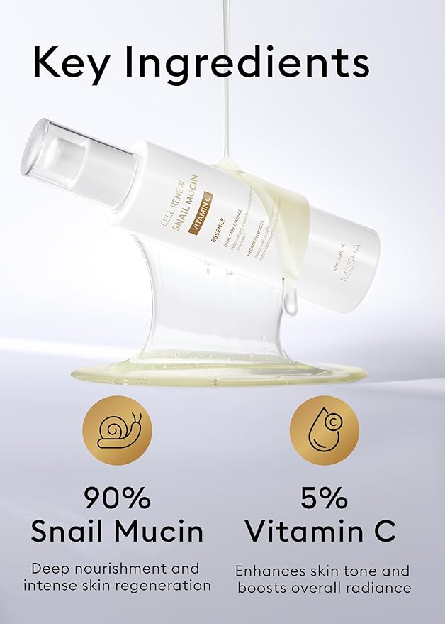 MISSHA Cell Renew Snail Mucin Vitamin C Essence Serum 3.38 Fl oz - Hydrating Korean Skincare for Glass Skin, Snail Mucin Serum for Improved Skin Texture & Complexion, Mother's Day gifts