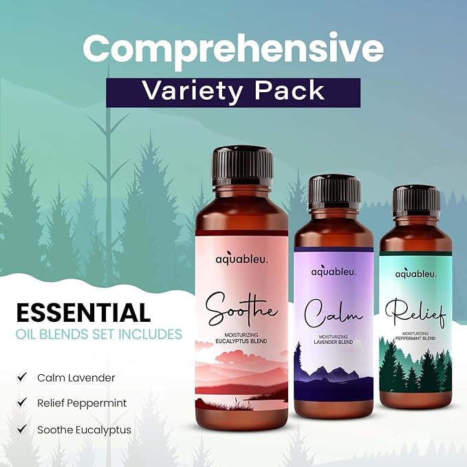 Essential Massage Oil Gift Set - Serenity Trio Sooth, Calm, Relief Includes Lavender, Peppermint & Eucalyptus Massage Oil Blends 80 ML in Beautiful Packaging - Great Gift for Women